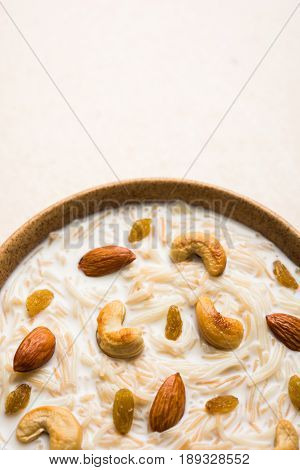 Most famous Indian sweet pudding Kheer or semiya khir in a bowl.Selective focus