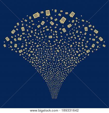Dustbin salute stream. Vector illustration style is flat yellow iconic symbols on a blue background. Object explosion fountain constructed from random symbols.