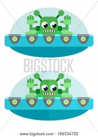 Flat green aliens on a blue flying saucer flies