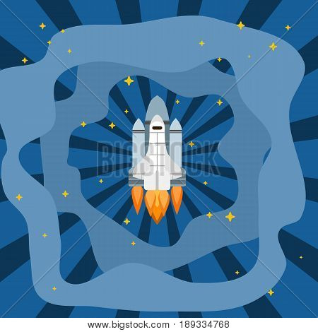 Pop art shuttle flies in space on a blue background
