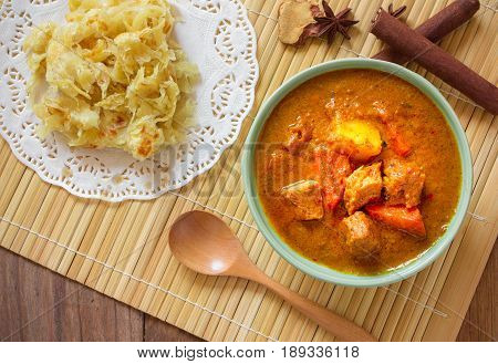 Beef Mussaman Curry Eat With Roti On Wood Background Top View