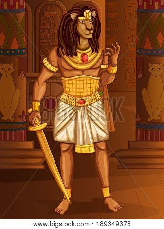 Vector design of Egyptian civiliziation King Pharaoh Maahes God on Egypt palace backdrop