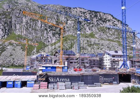 Construction Site With Cranes At Andermatt On The Swiss Alps