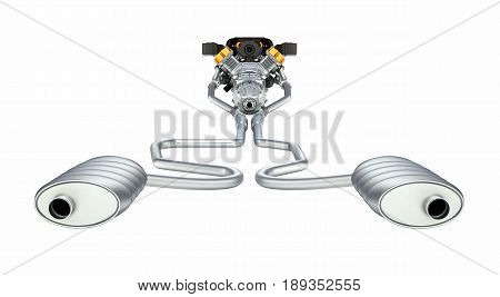 Exhaust Pipes System With Engine Back View Without Shadow On White Background 3D