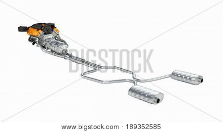 Exhaust Pipes System With Engine Without Shadow On White Background 3D Illustration