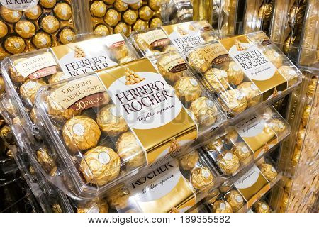 Kuala Lumpur, Malaysia, June 3, 2017: Ferrero Rocher Is A Spherical Chocolate Produced By The Italia