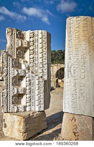The ruins pillars of Carthage in Tunisia in sunny day