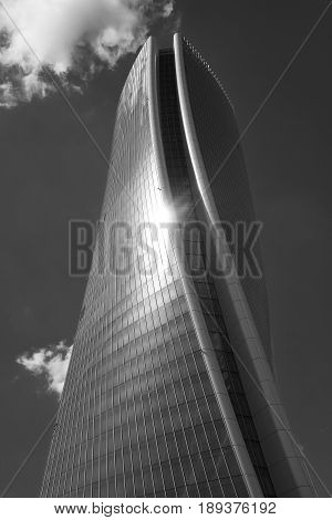 MILAN, ITALY - APRIL 17, 2016: Milan (Lombardy Italy): the skyscraper known as Generali Tower in the new Citylife area (Tre Torri). Black and white