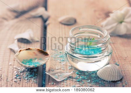 Spa beauty product. sea sult. shells and flowers