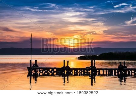 Pier at sunset Neusiedl lake, pier at neusiedler see