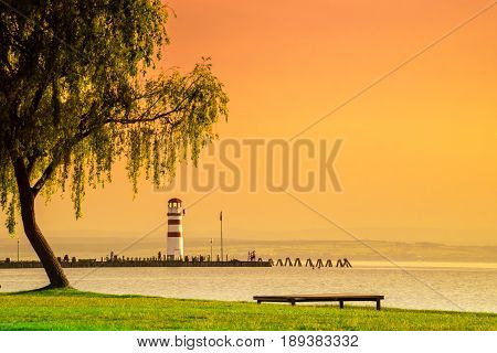 Colorful sunset at Neusiedl lake Lighthouse at Neusiedl lake