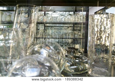 Hergiswil, Switzerland - 26 april 2008: Esposition of glasses at the industry of Glasi Hergiswil in Switzerland