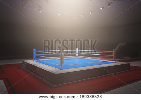 Side view of empty boxing ring in foggy interior with spotight. Surrounded with ropes. 3D Rendering
