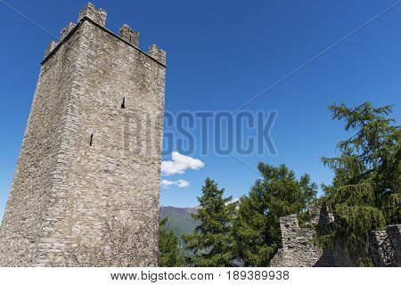 Varenna Italy - May 9 2017: Lake of Como Castle Tower of Vezio in spring