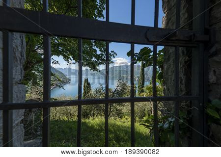Varenna Italy - May 9 2017: Panoramic view of Lake Como and the promontory of Bellagio from the castle of Vezio