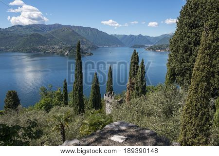 Varenna Italy - May 9 2017: Panoramic view of Lake Como and the promontory of Bellagio from the castle of Vezio