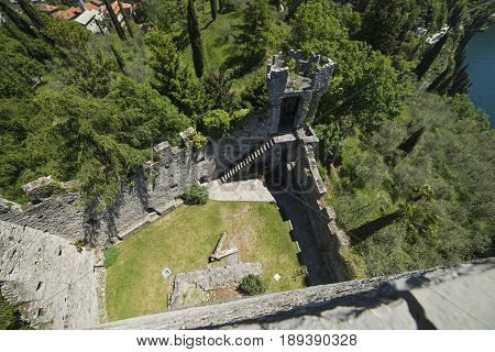 Varenna Italy - May 9 2017: Lake of Como View of the walls from the castle tower of Vezio