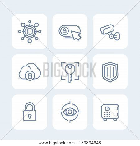 Security icons set, secure server, lock, shield, strongbox, video surveillance, safety, isolated linear pictograms, eps 10 file, easy to edit
