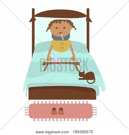 Sick little girl with fever laying in bed, measuring temperature with thermometer. Ailing children suffering from cold or flu virus. Vector flat design illustration isolated on white background