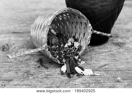 Green Tea In A Wooden Sieve, A Delicious Drink, Leaves