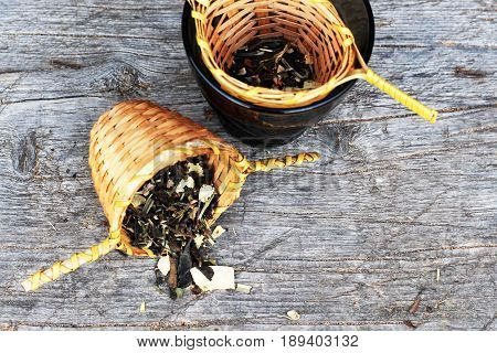 Green Tea In A Wooden Sieve, A Delicious Drink, Leaves