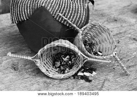 Green Tea In A Wooden Sieve, A Delicious Drink, Leaves