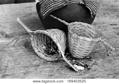 Green Tea In A Wooden Sieve, A Delicious Drink, Leaves