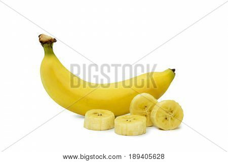 Ripe banana and slices of banana isolate on white background