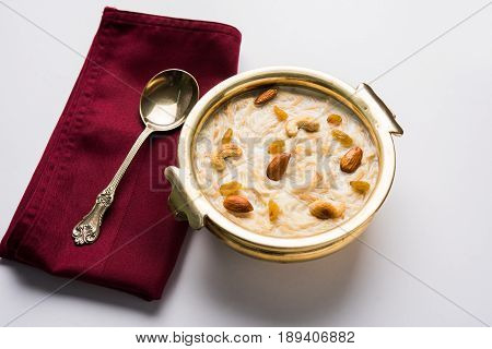 Most famous Indian sweet pudding Kheer or semiya khir in a bowl.Selective focus