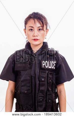 Chinese female police officer in flak jacket