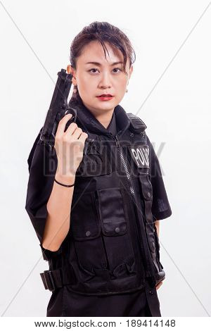 Chinese Woman Police Officer Pointing Pistol