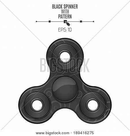 A realistic black spinner with a pattern. A modern antistress toy. Hobbies for fingers. A trendy toy. 3d style. Glossy object isolated on white background. Vector illustration. EPS 10