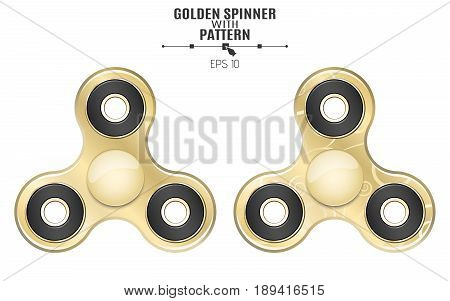 A realistic spinner of golden color with a beautiful pattern. A modern anti-stress toy. Hobbies for fingers. A trendy toy. 3d style. Glossy object isolated on white background. Expensive thing. Vector illustration. EPS 10