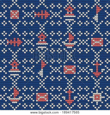 Grandma vector knitting seamless pattern for Ugly Sweater. Sea theme