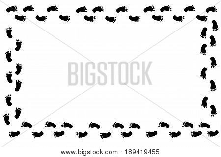 Frame of traces Bigfoot. Yeti Foot prints border the white background.  Steps hairy man tracks.