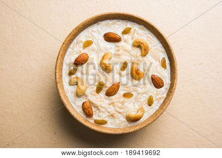 Most famous Indian sweet pudding Kheer or semiya khir in a bowl.Selective focus