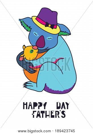 Happy fathers day vector cards with cute animals, Dad and kid koala bears, pop art style
