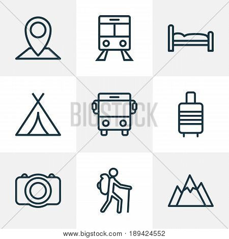 Traveling Outline Icons Set. Collection Of Auto, Suitcase, Canopy And Other Elements. Also Includes Symbols Such As Car, Photo, Pin.