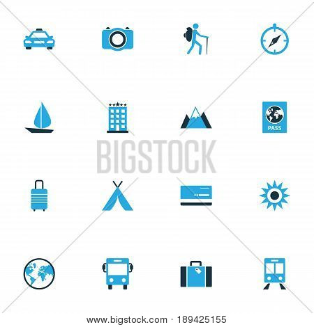Traveling Colorful Icons Set. Collection Of Sun, Train, Hotel And Other Elements. Also Includes Symbols Such As Summer, Sun, Mastercard.