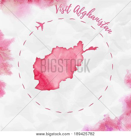 Afghanistan Watercolor Map In Red Colors. Visit Afghanistan Poster With Airplane Trace And Handpaint