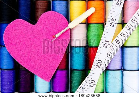 Sewing - Thread - Cotton Reels with pink felt heart, unpicker and tape measure