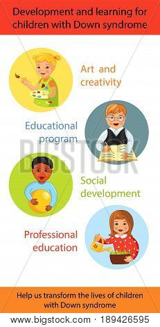Development and learning for children with Down syndrome, Cartoon vector vertical banner, Ability, treatment and charity