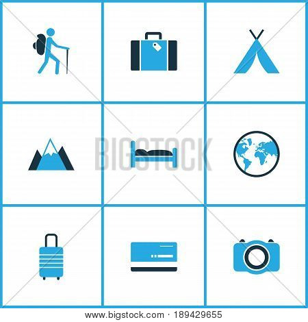 Traveling Colorful Icons Set. Collection Of Baggage, Tourist, Photo Device And Other Elements. Also Includes Symbols Such As Camera, Doss, Earth.