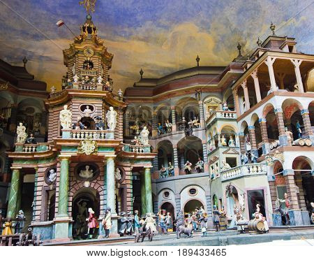 Salzburg Austria/16 September 2016: Hellbrunn Palace - Water powered Mechanical Theater. Mechanical water-operated and music-playing theatre built in 1750 including some 200 automata showing various professions at work.