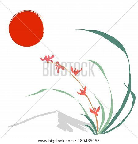 Hand-drawing ink illustration, vector stylization. Wild orchid, red flowers. Background of mountain and red sun. Japanese painting style sumi-e. Traditional Chinese painting gohua.