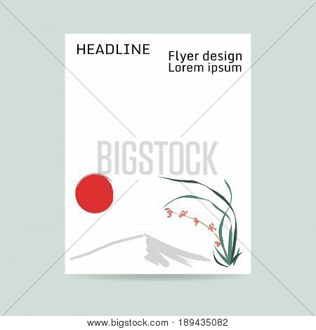 Flyer design. Letter format. Wild orchid, red flowers. Background of mountain and red sun. Japanese painting style sumi-e. Traditional Chinese painting gohua. Hand-drawing ink illustration, vector stylization.