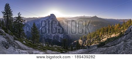 Panoramic views from Glacier Point of Half Dome and Yosemite Falls