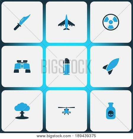 Battle Colorful Icons Set. Collection Of Binoculars, Bullet, Poison And Other Elements. Also Includes Symbols Such As Knife, Hazar, Shot.