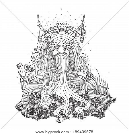 The spirit of the forest coloring for adults. Goblin coloring. Vector illustration