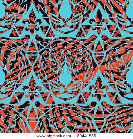 Seamless pattern of tiger heads, with tiger skin texture